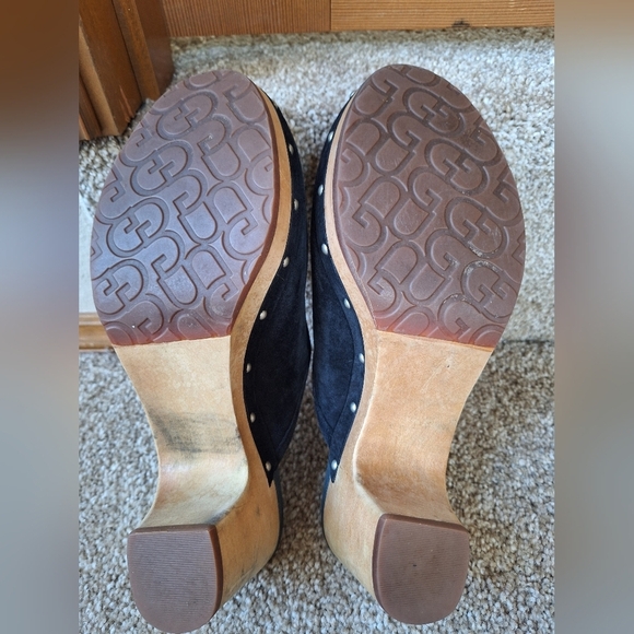 UGG Black Suede/Wood Clogs bohemian Sherpa lined winter cabin chic Womens Size 7 - Picture 9 of 9